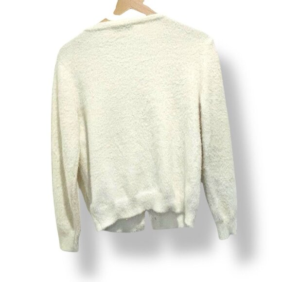 Nanette Lepore Chain Trim Eyelash Cardigan Sweater White Gold Buttons Sz Medium - Picture 12 of 12